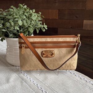 Michael Kors Beige and Brown Signature Wristlet with Gold Hardware